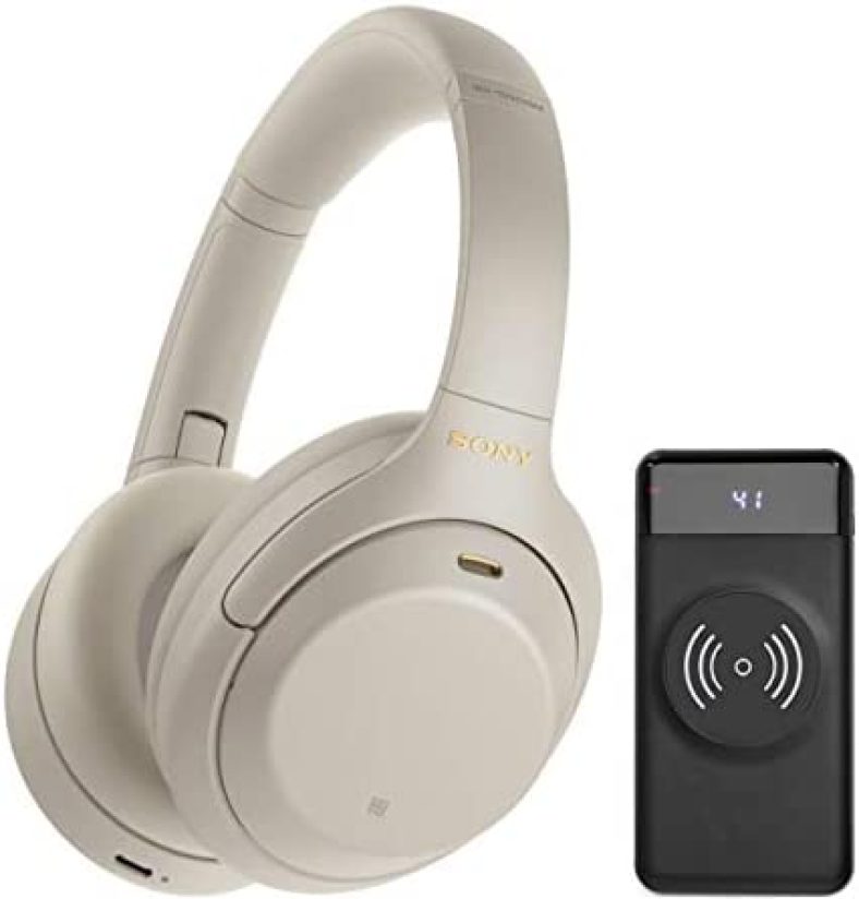 Sony WH-1000XM4 Wireless Noise Canceling Over-Ear Headphones (Silver) with Focus 10,000 mAh Ultra-Portable LED Display Wireless Quick Charge Battery Bank (Black) Bundle (2 Items)