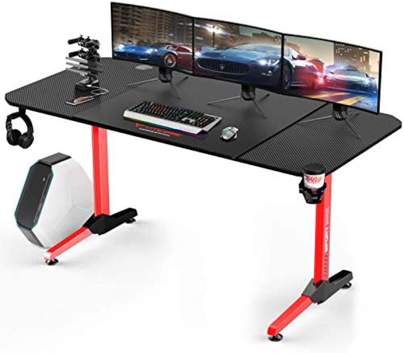 Vitesse Gaming Desk, Gaming Computer Desk, PC Gaming Table, T Shaped Racing Style Professional Gamer Game Station with Large Mouse pad, USB Gaming Handle Rack, Cup Holder and Headphone Hook (Red)