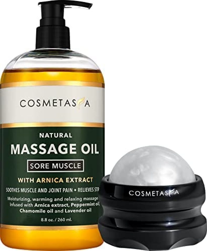 Cosmetasa Sore Muscle Massage Oil with Massage Ball Roller – Soothes Muscle and Joint Pain with Arnica Extract, Peppermint, Chamomile, and Lavender Oil