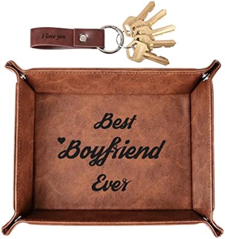 Best Boyfriend Ever Gifts for Boyfriend from Girlfriend,Birthday Gifts for Men Him, Leather Valet Tray and Keychain