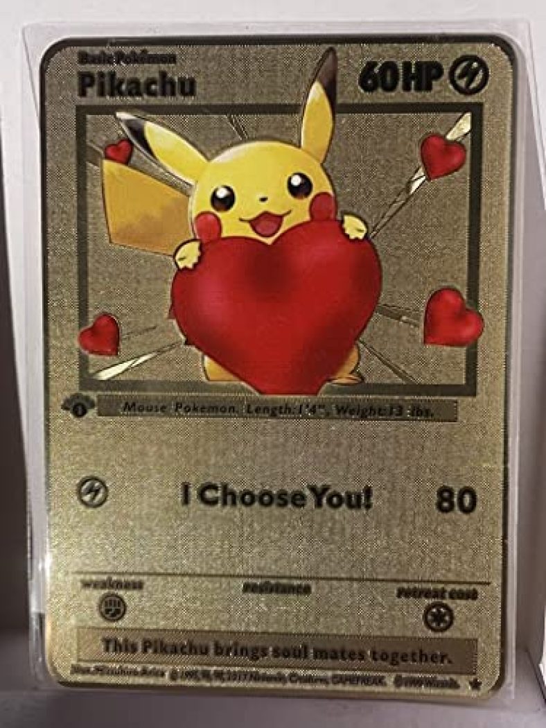 GOLD Pokemon Card I Choose You Pikachu! Anniversary Boyfriend Girlfriend Him Her Birthday Mother’s Day Love One Year Easter Stuffer!