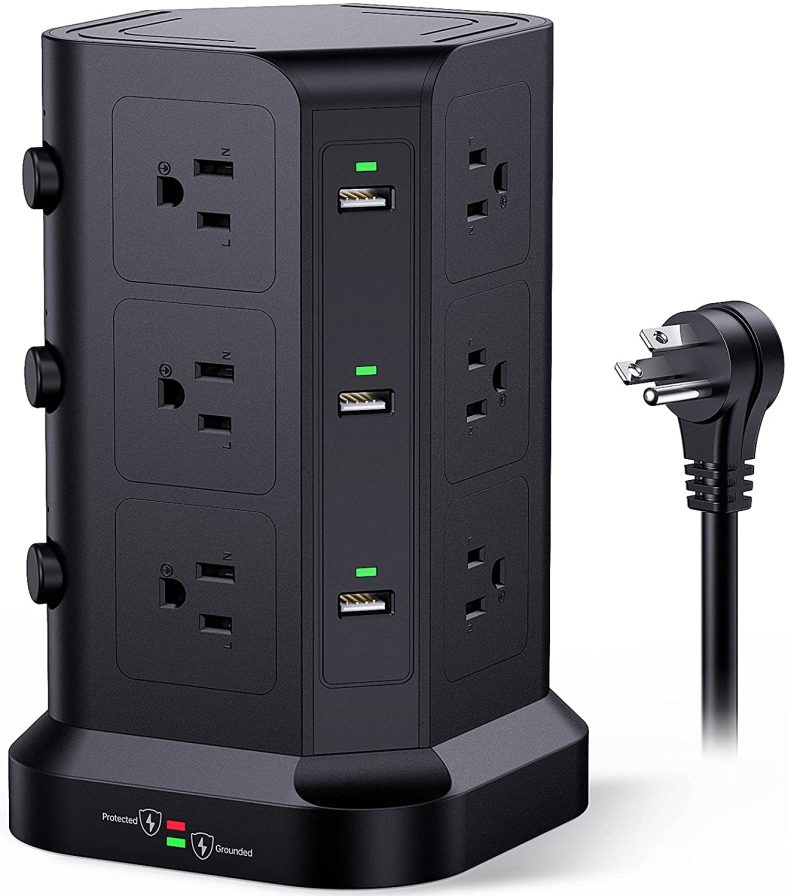 Power Strip Tower by KOOSLA, [15A 1500J] Surge Protector – 12 AC Multiple Outlets & 6 USB Ports, Flat Plug 14 AWG Heavy-Duty Extension Cord 6.5ft, Home Office Supplies, Dorm Room Essentials Black