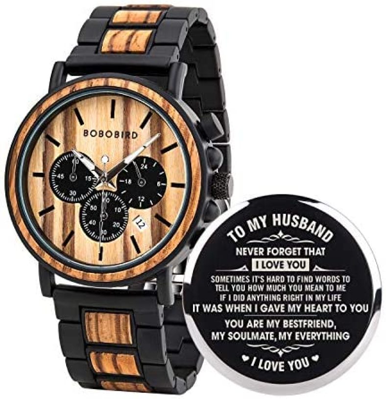 BOBO BIRD Mens Personalized Engraved Wooden Watches, Stylish Wood & Stainless Steel Combined Quartz Casual Wristwatches for Men Family Friends Customized Watch