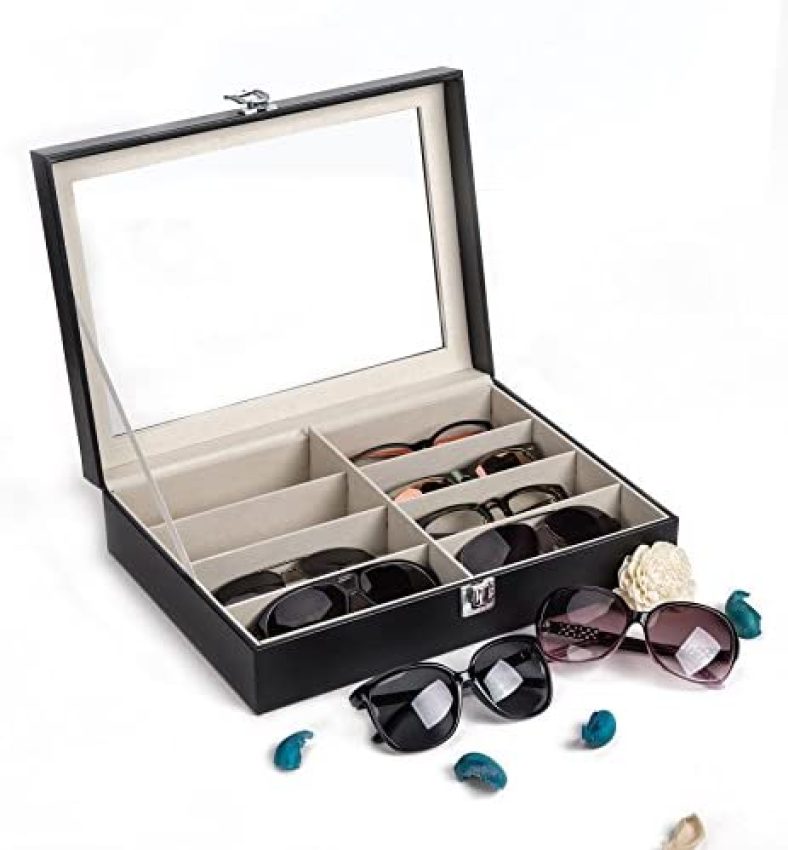 CO-Z Leather Multi Sunglasses Organizer for Women Men, Eyeglasses Eyewear Display Case, Jewelry Watch Organizer, Sunglasses Jewelry Collection Case, Sunglass Glasses Storage Holder Box with 8 Slots