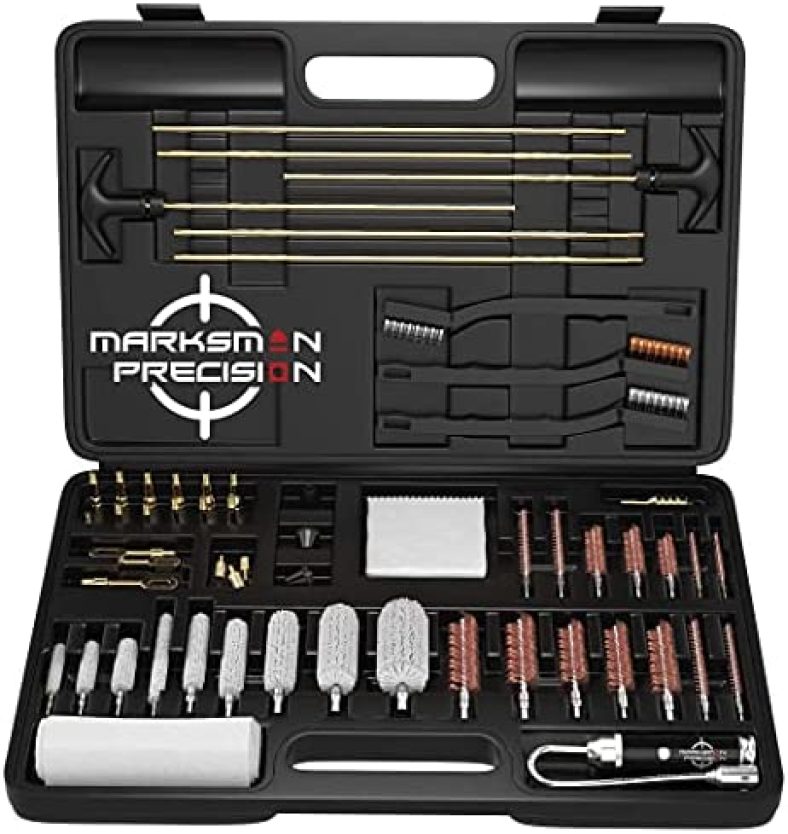 Marksman Precision Universal Gun Cleaning Kit – Brass Jags – Slotted Tips – Rods – Brushes – LED Bore Light – Optical Cloth – Hunting Shooting Rifle Pistol Shotgun – Heavy Duty Case – Retail Package