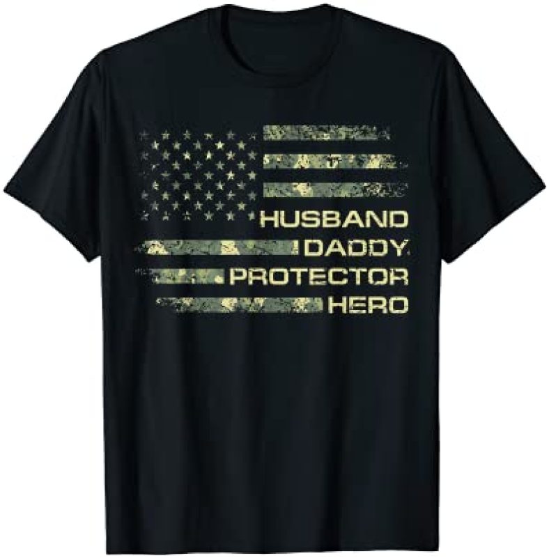 Mens Husband Daddy Protector Hero Shirt Fathers Day Flag Gift Tee T-Shirt