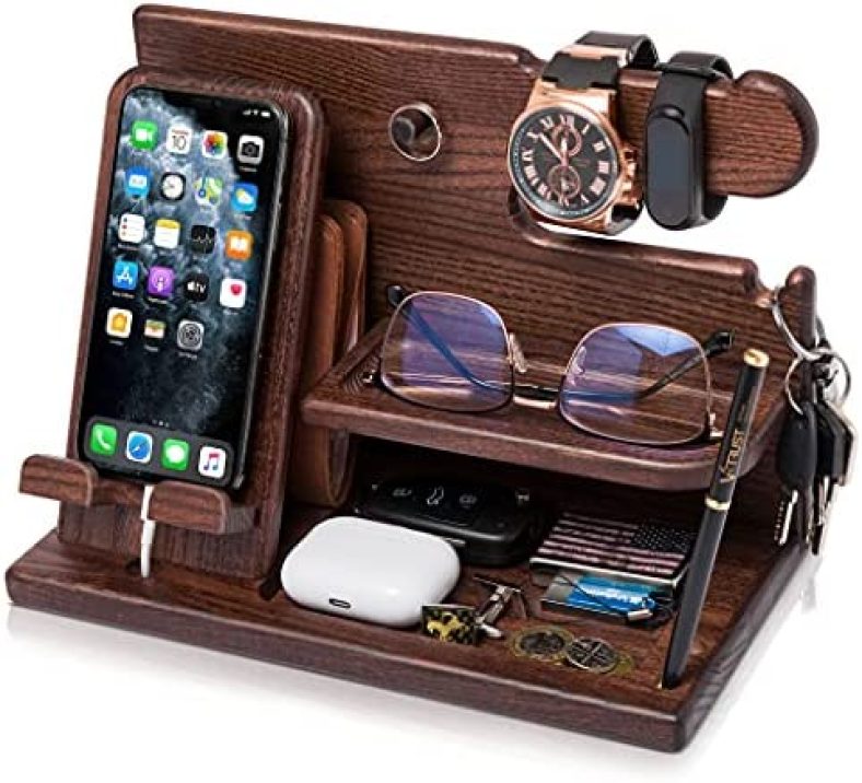 TESLYAR Wood Phone Docking Station Ash Key Holder Wallet Stand Watch Organizer Men Husband Wife Anniversary Dad Birthday Nightstand Purse Father Graduation Male Travel Idea Gadgets