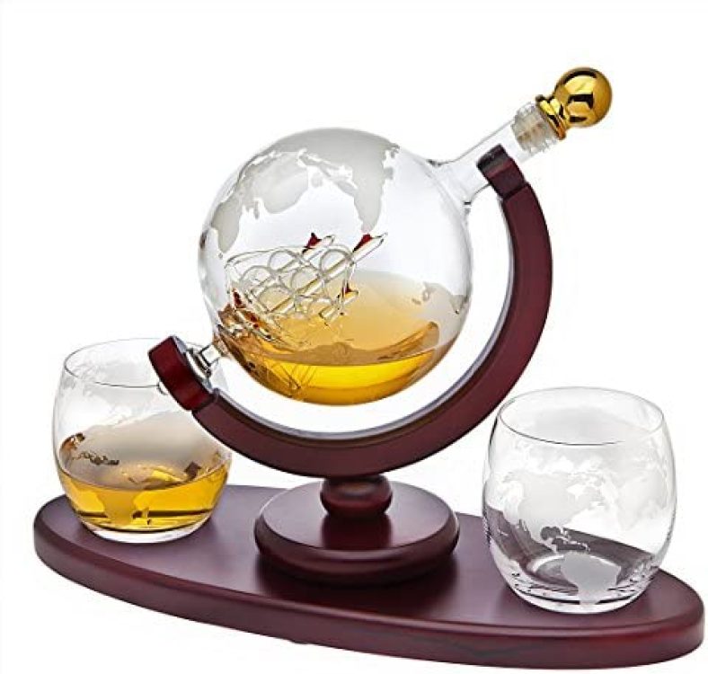 Whiskey Decanter Globe Set with 2 Etched Whiskey Glasses – for Liquor Scotch Bourbon Vodka, Gifts For Men – 850ml