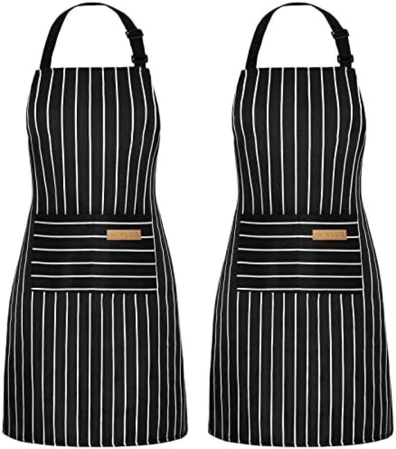 NLUS 2 Pack Cooking Aprons for Women with Pockets Adjustable Kitchen Bib Aprons for Women Men Chef, Black/White Stripe (Classic Black/White Stripes)