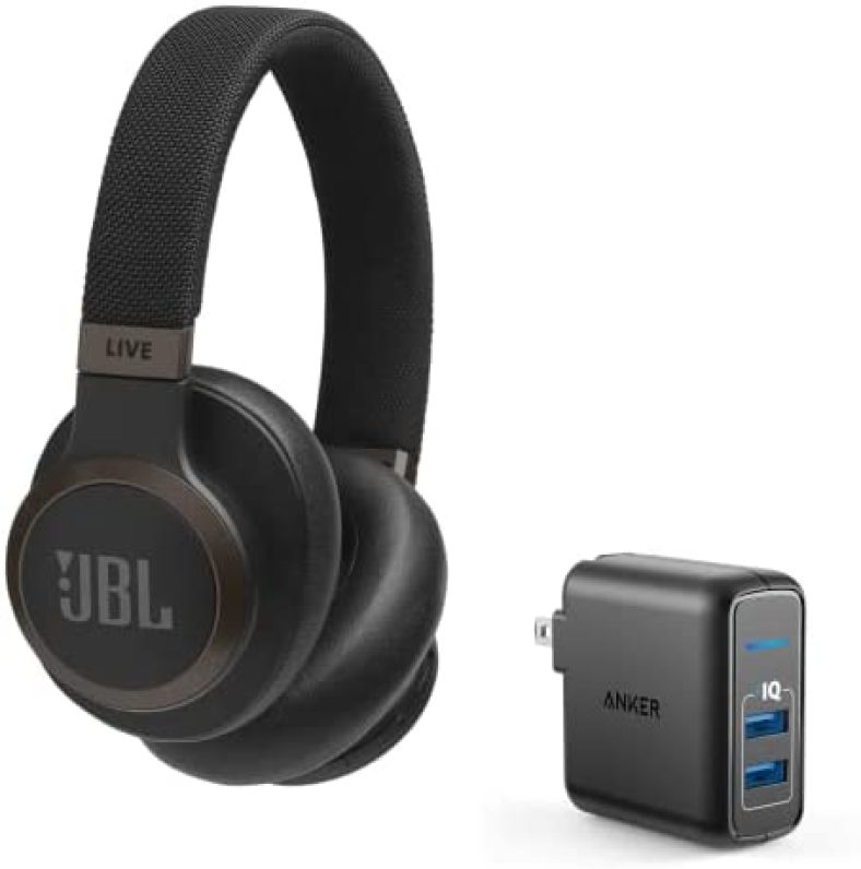 JBL Live 650BTNC Wireless Over-Ear Bluetooth Headphones (Black) + Anker PowerPort Elite 2 Port USB Wall Charger – Up to 20 Hours of Noise-Canceling Streaming