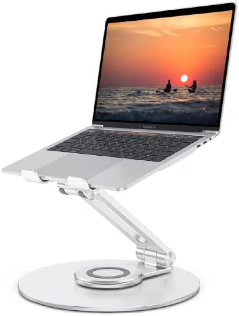 Adjustable Laptop Stand with 360 Rotating Base, OMOTON Ergonomic Laptop Riser for Collaborative Work, Dual Rotary Shaft Fully Foldable for Easy Storage, Fits MacBook / All Laptops up to 16 inches