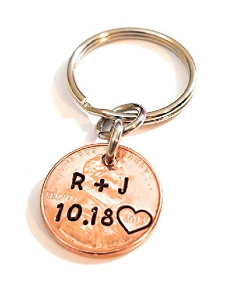 Personalized Lucky Copper Penny Key Chain with Date Initials and Heart Around Year