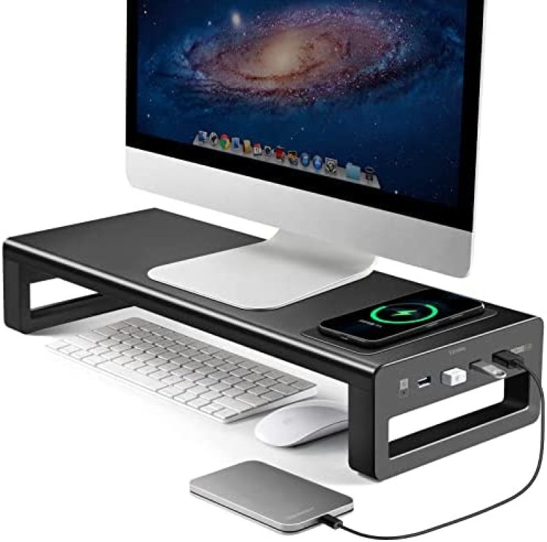 Vaydeer USB3.0 Wireless Charging Aluminum Monitor Stand Riser Support Transfer Data and Charging,Keyboard and Mouse Storage Desk Organizer up to 27inch for Computer MacBook PC (Black）