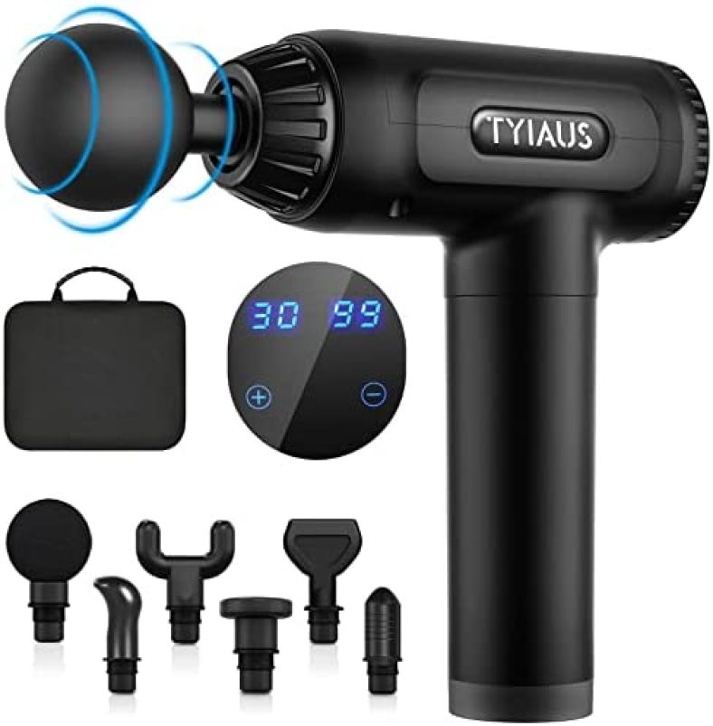 Muscle Massage Gun – TYIAUS Percussion Massager Gun Deep Tissue with 30 Adjustable Speeds and 6 Heads, Portable Body Muscle Massager for Office Gym Home Post-Workout Recovery