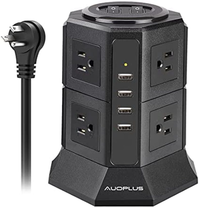 Power Strip Tower Surge Protector with USB, AUOPLUS Desktop Charging Station, 6.6 Ft Extension Cord, 8 Outlets with 4 USB Ports[1050J/1250W/10A], Overload Protection for Home Office Dorm