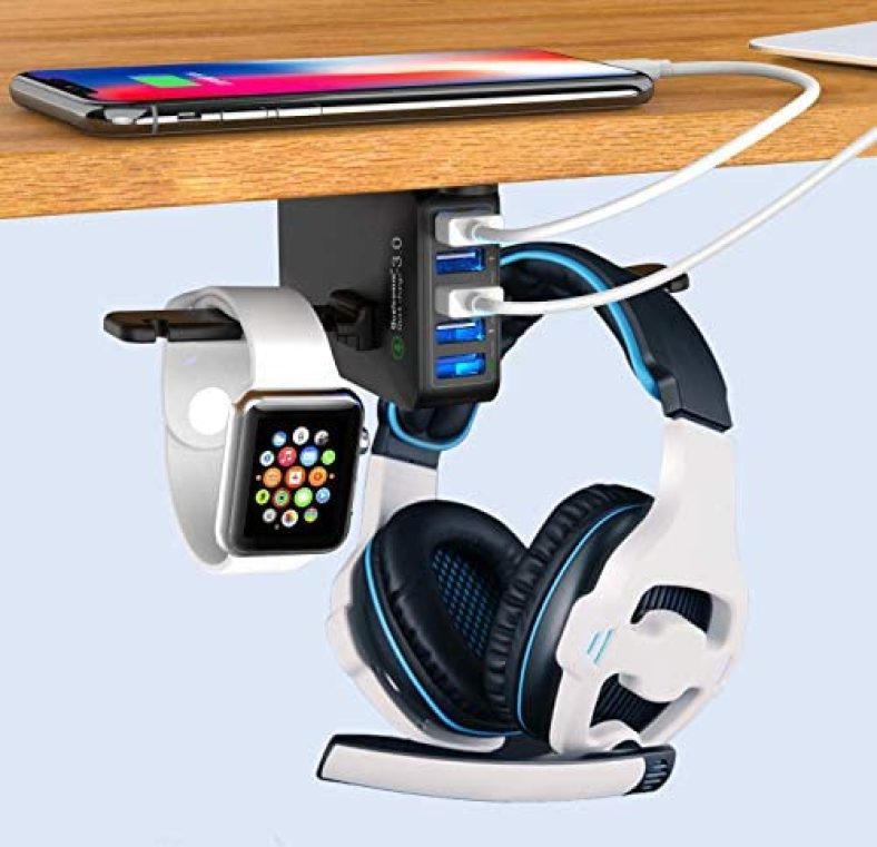 Headphone Stand with USB Charger QC 3.0, Ausfore Under Desk Headset Headphone Holder Hanger w/ 5 USB Ports for Computer Desk Gaming Setup Gaming PC Accessories