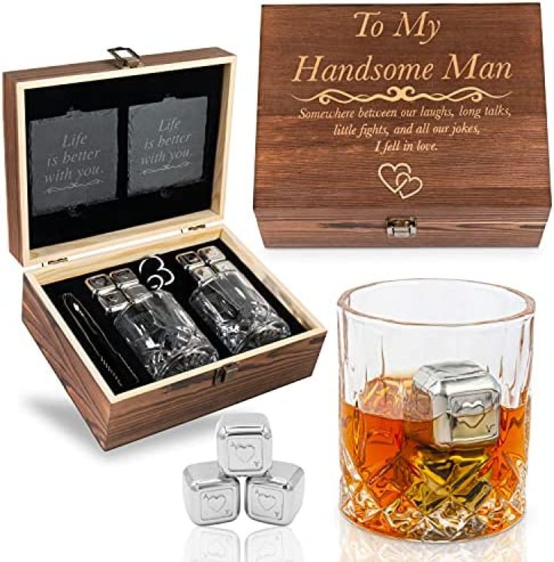 Anniversary Gi fts for Him | Boyfriend | Fiance | Men | Husband – Whiskey Glass Set Engraved ‘To My Handsome Man” Gi fts for Birthday | Christmas | Wedding Anniversary