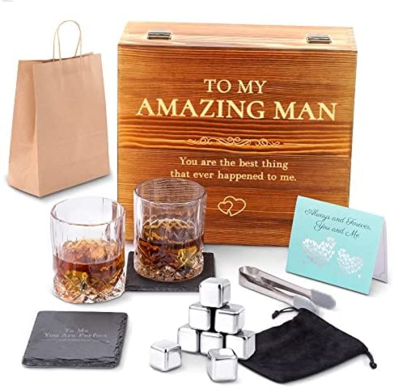 ADEXDO Anniversary Gi fts for Him | Boyfriend | Fiance| Men | Husband, Birthday | Wedding Anniversary | Valentine’s Day Gift, 8 Stainless Steel Whiskey Stones & 2 Whiskey Glasses(11oz)