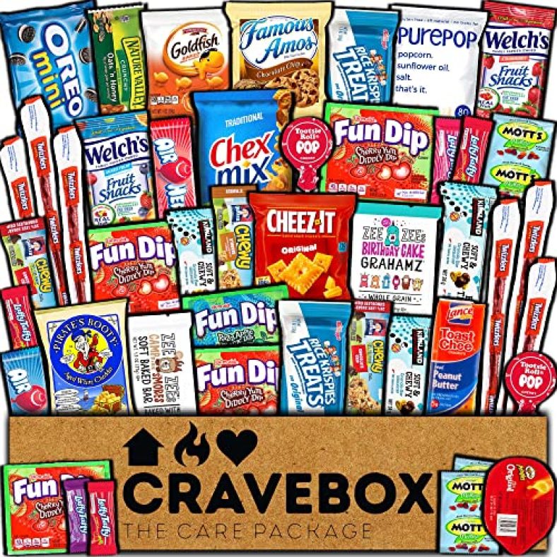 CRAVEBOX Snack Box Variety Pack Care Package (45 Count) Finals Gift Basket Stuffers Kids Teens Grandchildren Men Women Adults Candy Food Cookies Chips Arrangement Mix College Student Sampler Office