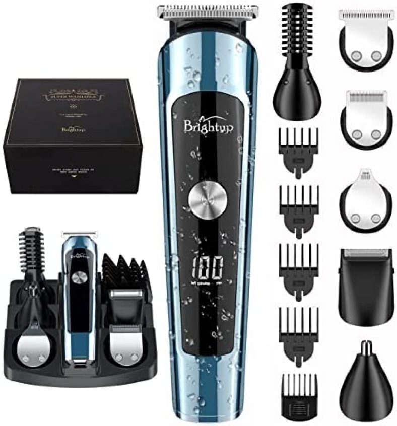 Brightup Beard Trimmer for Men, USB Rechargeable, Cordless Washable Hair Clippers for Body, Mustache, Nose and Facial Cutting, Mens Groomer and Electric Shaver with LED Display, All in 1 Grooming Kit