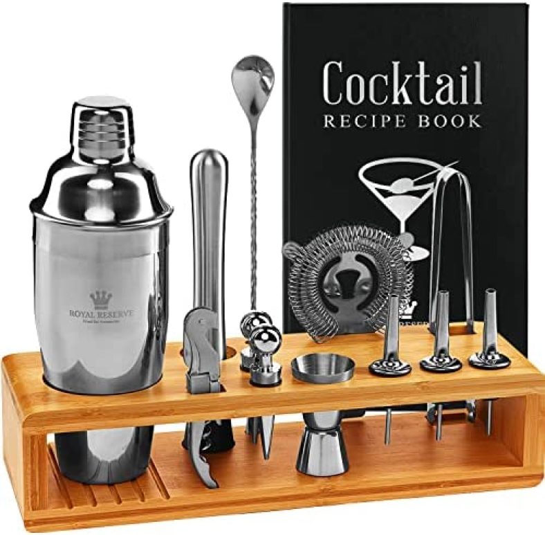 Cocktail Mixology Shaker Set – Bartender Set with an Elegant Bamboo Stand – Bar Accessories Kit including a Martini Shaker & Mixer Recipe Book – Unique Cool House Warming Gift for Men Husband Birthday