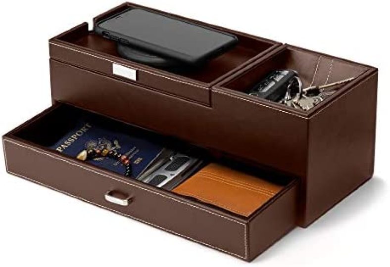 HOUNDSBAY Captain Dresser & Nightstand Valet Organizer Storage Box with Catchall and Charging Station (Brown)