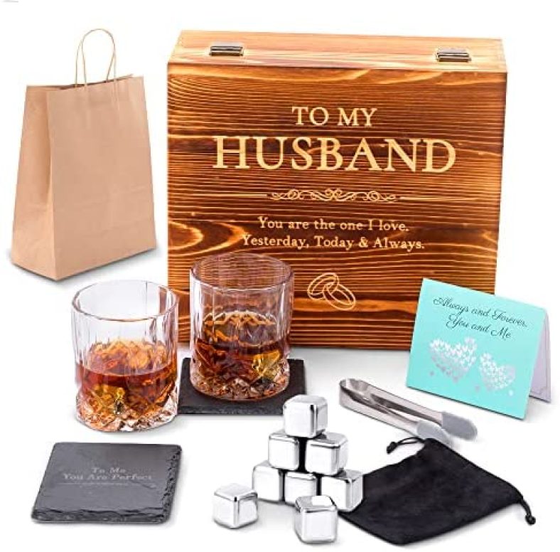 Whiskey Stones Gift Set Anniversary Gi fts for Husband | Him | Men, Husband Birthday | Wedding Anniversary | Valentine’s Day Gift, 8 Stainless Steel Whiskey Stones & 2 Whiskey Glasses(11oz)