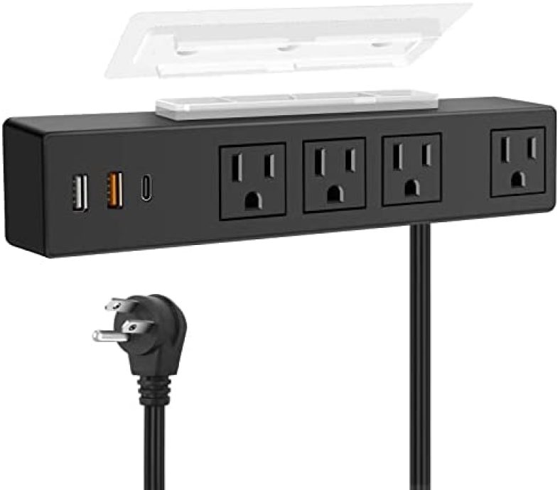 Type-C Under Desk Power Strip, Adhesive Wall Mount Power Strip with USB C Ports, Power Strip Socket Outlet, 4 AC Plug.20W 2 USB-A,1 PD Fast Charging 18W USB-C for Kitchen, Office, Home, Hotel (Black)