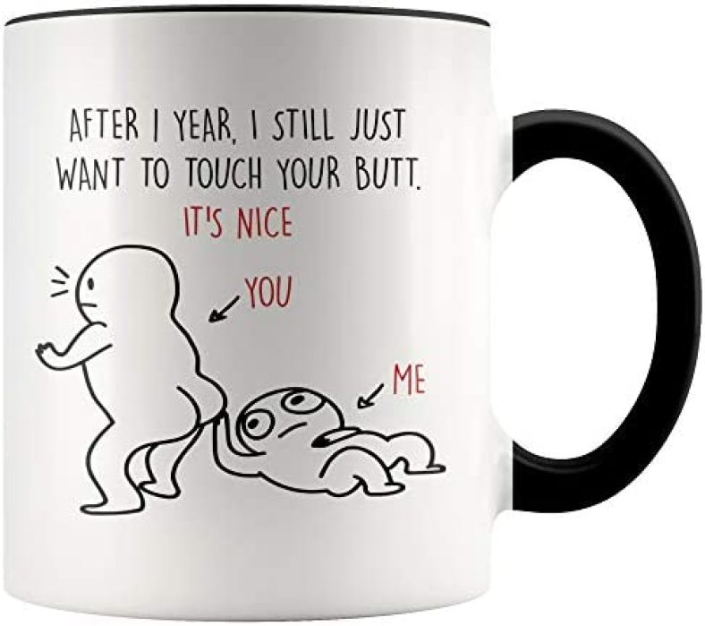 YouNique Designs 1 Year Anniversary Mug for Boyfriend and Girlfriend, 11 Ounces, One Year Wedding Anniversary Coffee Mug for Husband and Wife, First Dating Anniversary Cup (Black Handle)