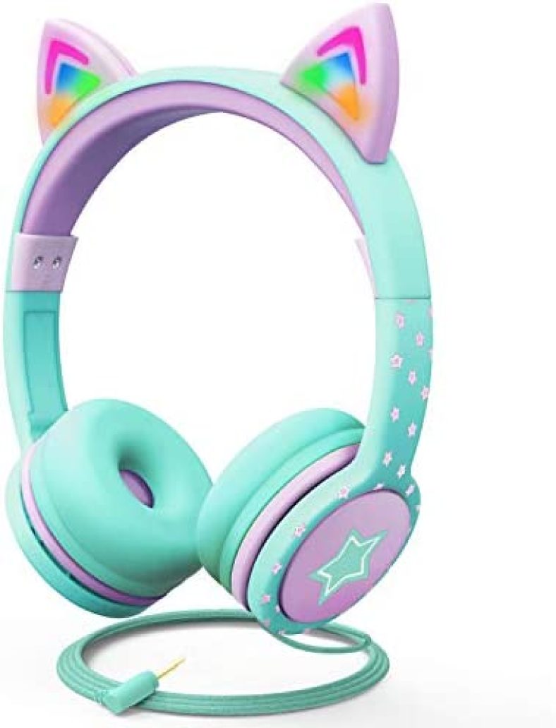 FosPower Kids Headphones with LED Light Up Cat Ears 3.5mm On Ear Audio Headphones for Kids with Laced Tangle Free Cable (Max 85dB) – Teal/Light Purple