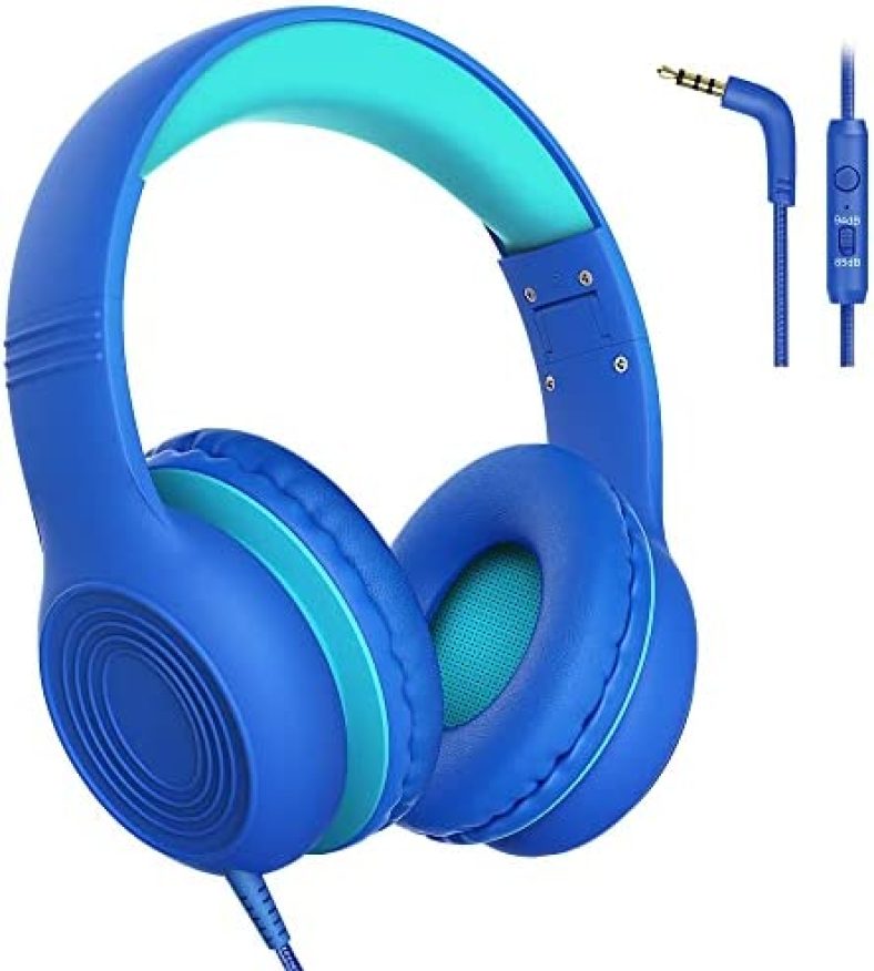 Kids Headphones with Mic, Over Ear Kids Headset Stereo, Volume Limited 85/94dB, Share Port, Foldable Adjustable 3.5mm Jack Kid Headphones for Boys Girls Toddler School Laptop Travel Tablet, Blue