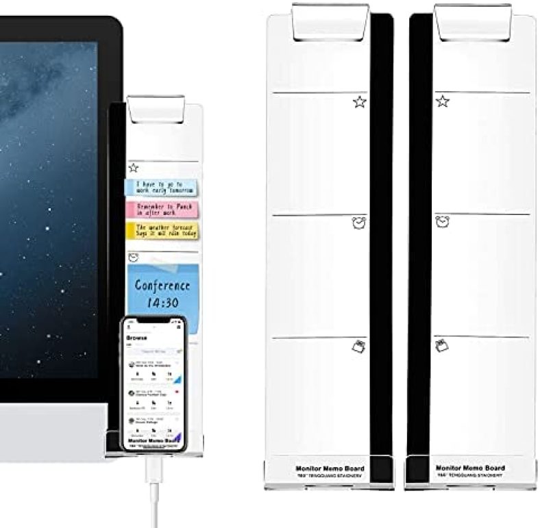 Multifunction Computer Monitor Memo Board – Transparent Computer Side Panel Memo Creative Monitor Side Panel with Phone Holder Suitable for Office Home Desktop (Left and Right) 1 Set