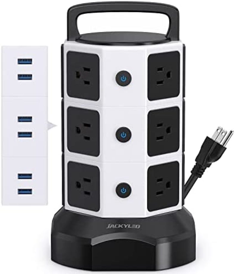 Power Strip Tower Surge Protector, JACKYLED 1625W 13A Outlet Surge Electric Tower, 12 Outlets 6 USB Ports Charging Station with 16AWG 6.5ft Heavy Duty Extension Cord for Home Office Dorm