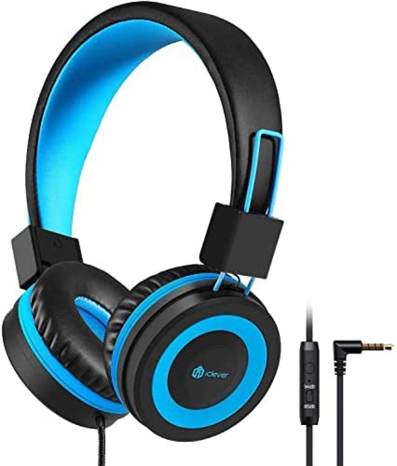 iClever HS14 Kids Headphones, Headphones for Kids with 94dB Volume Limited for Boys Girls, Adjustable Headband, Foldable, Child Headphones on Ear for Study Tablet Airplane School, Black, Blue