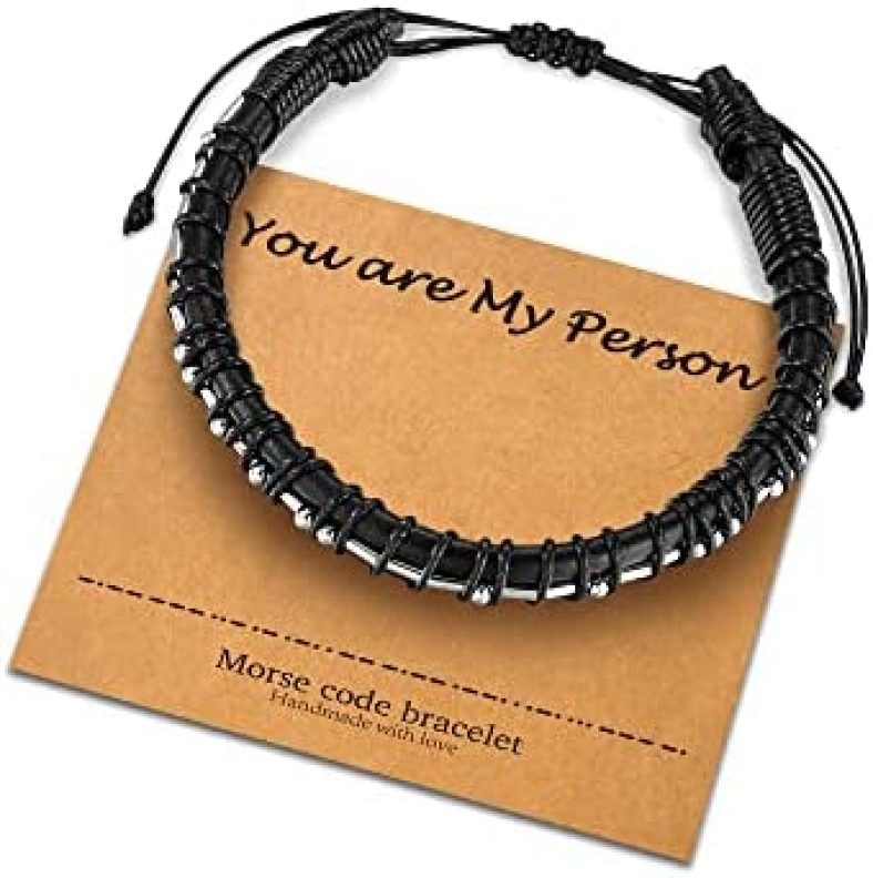 URSTAR Morse Code Bracelets Gifts for Men, White Gold Plated Beads on Black Leather Bracelets for Mens Jewelry Male Inspirational Bracelets Gifts for Best Friend Boyfriend Husband Dad Grandpa Brother