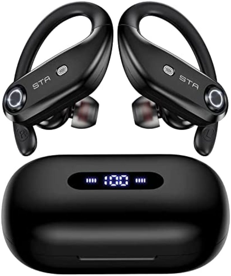 Bluetoth Headphones 4-Mics Clear Call 100Hrs Playtime with 2200mAh Wireless Charging Case Stador Wireless Earbuds Sweatproof Waterproof Over Ear Earphones for Sports Running Workout Gaming Black