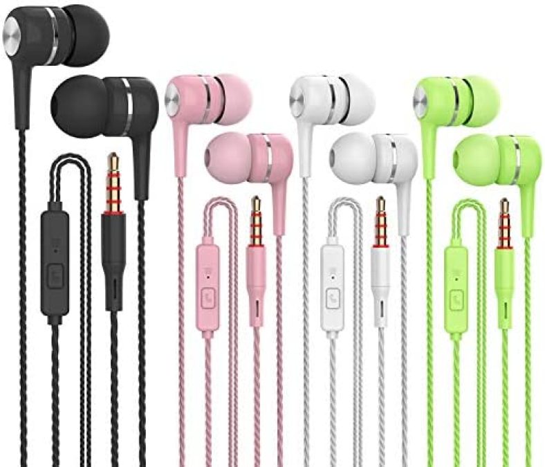 Heavy bass Earphone Color Call with Mic Stereo Earbud Headphones Mixed Colors (Black + White + Pink + Green 4 Pairs)