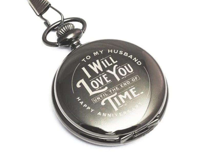 Engraved Wedding Anniversary Pocket Watch with Chain for Husband, a Classy Gift Set for Him with Elegant Gift Box, 1 Year Anniversary Gift Clock