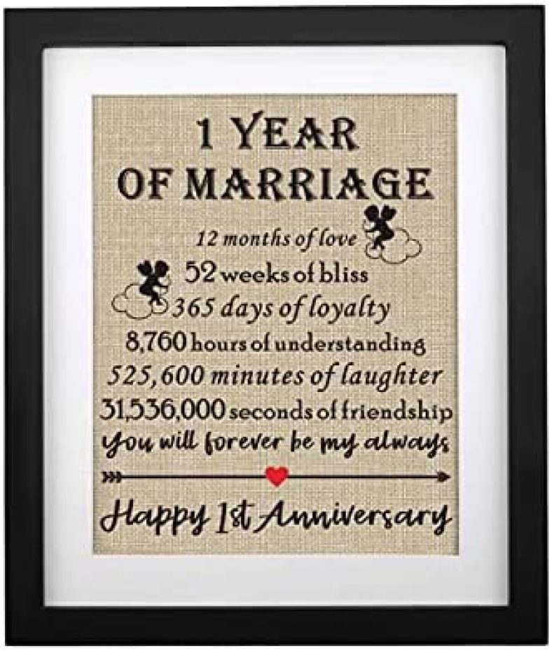 Framed 1st Anniversary Burlap Print Gifts for Couple 1st Wedding Anniversary Keepsake Gift for Husband Wife Paper Anniversary 1 Year of Marriage (Frame – 1st)