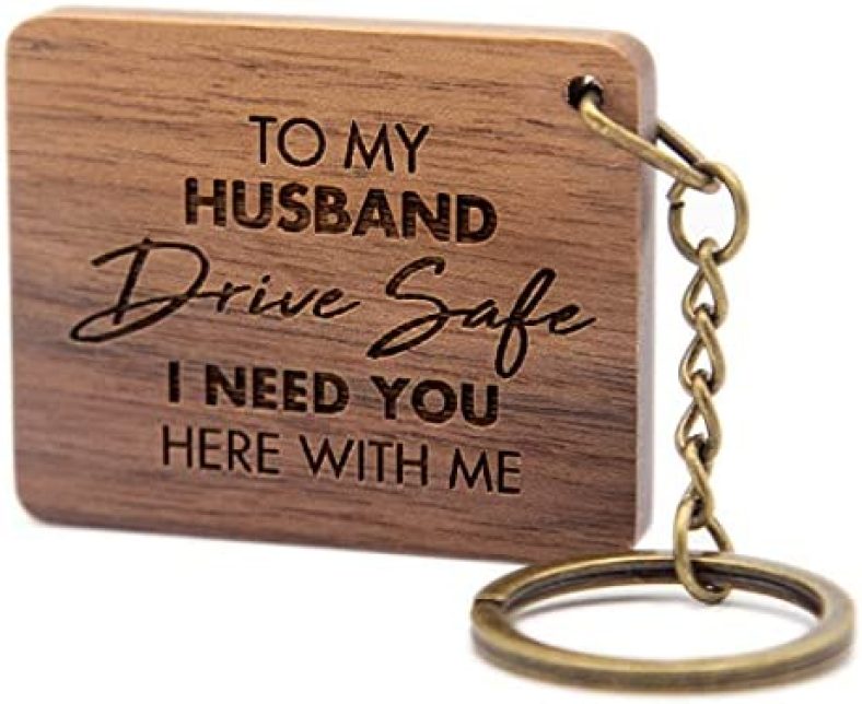 MUUJEE To My Husband Drive Safe I Need You Here With Me Engraved Wood Keychain – Birthday or Anniversary Wood Gift for Husband