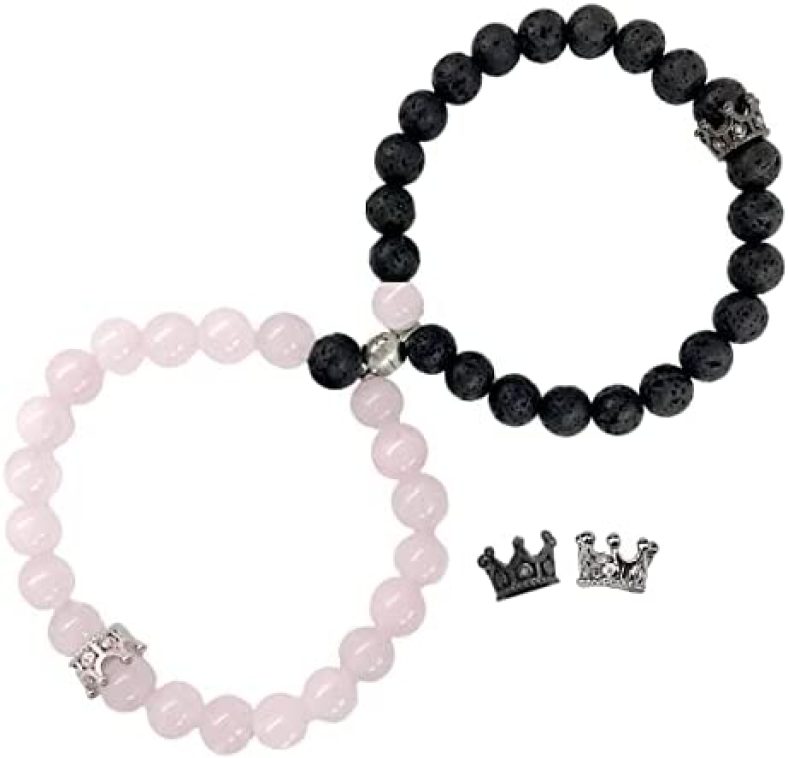 Magnetic Bracelets for Couples King&Queen Crown His and Her Bracelets Heart Matching Bracelets Long Distance Relationship Gifts for Boyfriend and Girlfriend on Anniversary Couples Jewelry for Women Men (Black&Rose Quartz)