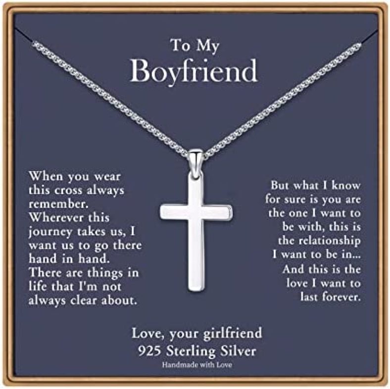 Sterling Silver Cross Necklace for Men, Cross Necklace Box Chain Baptism Religious Fathers Day Christmas Gifts for Men Boys Dad Grandpa Boyfriend Grandson Step Dad Father-in-Law