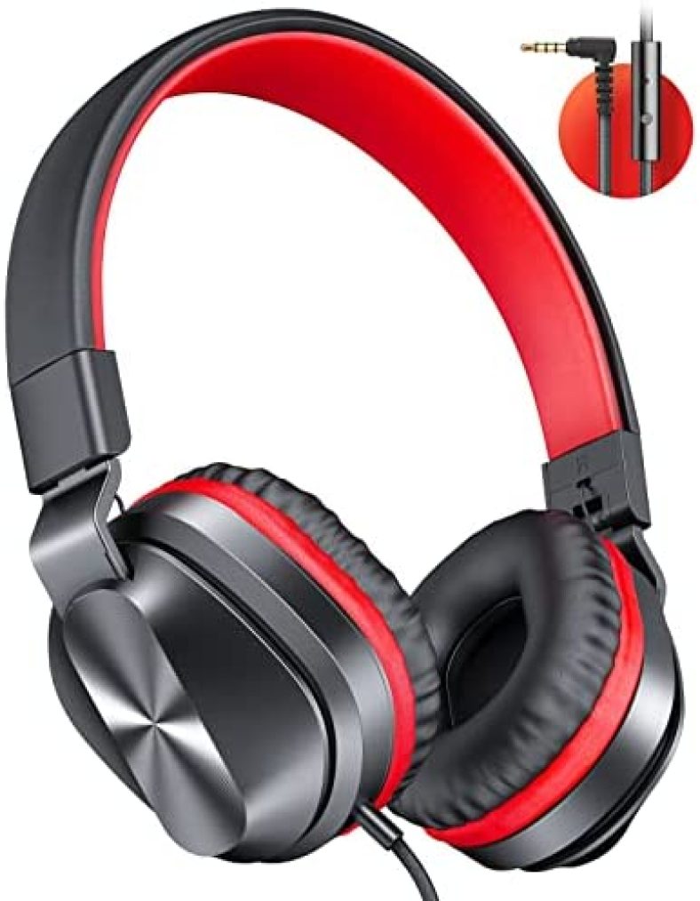 On-Ear Headphones with Microphone, 2022 Newest Foldable Wired Headphones for Adults Kids, Lightweight Portable Stereo Headphones with 1.5M Tangle-Free Cord for School Home, Black in Red (AB078)