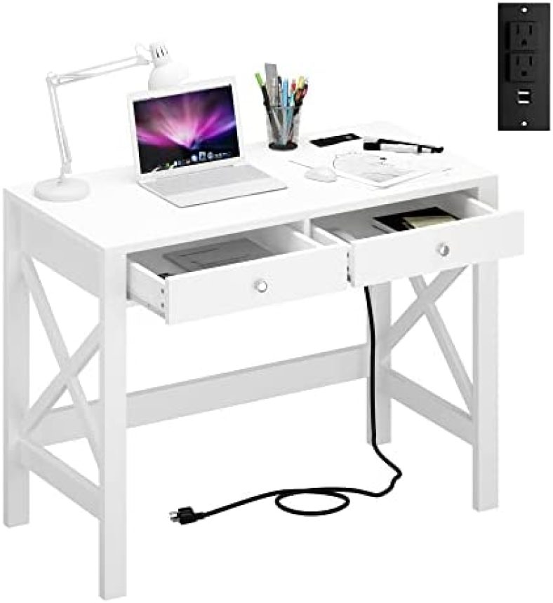 ChooChoo Computer Desk with USB Charging Ports and Power Outlets, 39″ White Desk with Drawers, Small Study Writing Table with Stable X Frame for Home Office