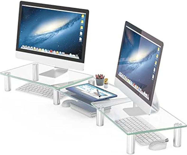 Hemudu Dual Monitor Stand -Adjustable Length and Angle Dual Monitor Riser, Computer Monitor Stand, Desktop Organizer, Monitor Stand Riser for PC, Computer, Laptop (Clear)