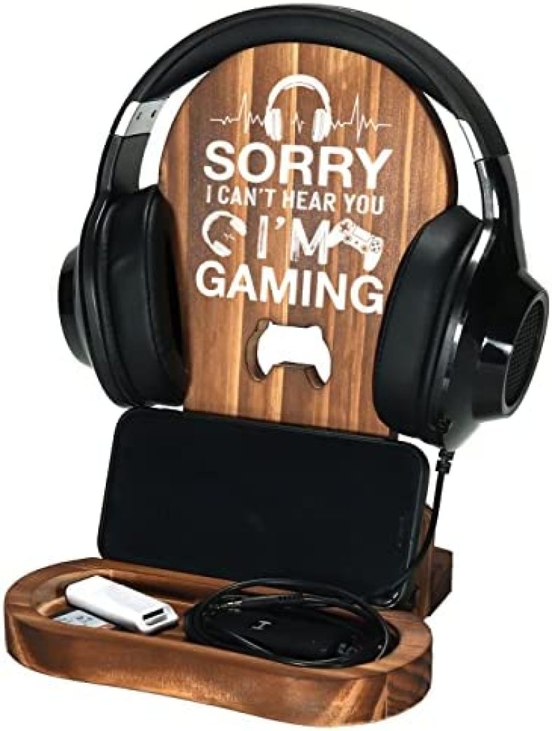 Gamer Gifts for Teenage Boys, Gaming Headphone Stand for Men, Gaming Room Desk Decor Wooden Headset Holder, Son Boyfriend Husband Game Lover Gifts -Sorry I Can’t Hear You I’m Gaming