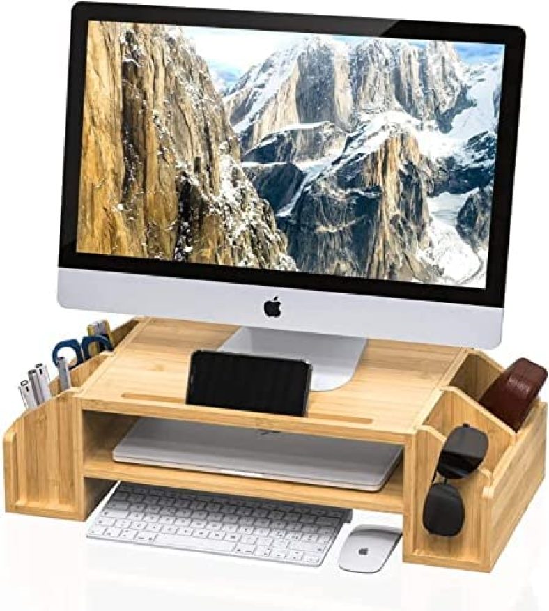 Bamboo Monitor Stand – 2 Tiers Computer Monitor Riser with 4 Pockets Storage Organizer, Cellphone Holder, Desk Organizer for Office Accessories for Printer, Computer, Laptop, Notebook, MR3-SG