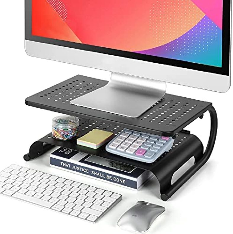 LORYERGO Monitor Stand Riser, 2-Tier Desk Organizer Stand with Metal Vented for Computer, Laptop & Printer, Desktop Stand for Office Accessories & Supplies