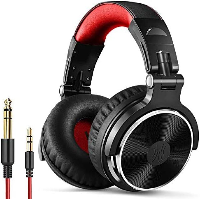 OneOdio Over Ear Headphone, Wired Bass Headsets with 50mm Driver, Foldable Lightweight Headphones with Shareport and Mic for Recording Monitoring Podcast Guitar PC TV – (Red)