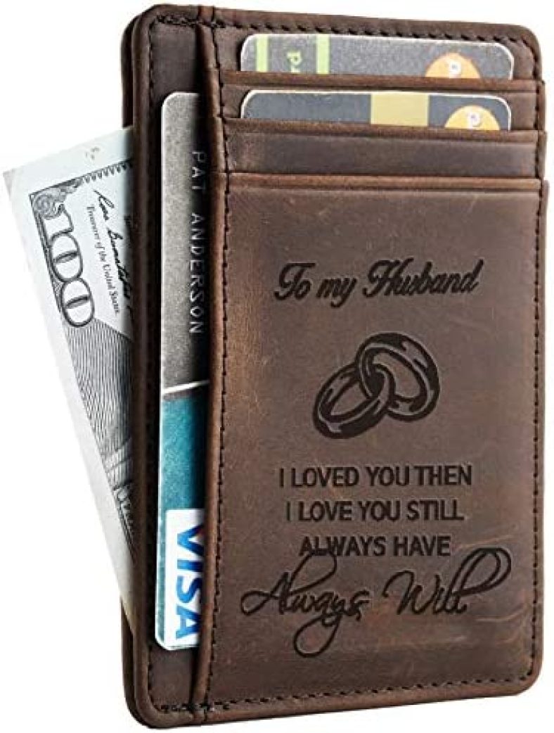 Engraved Gifts for Men, Son Husband Dad Birthday Gifts from Wife Mom Daughter Men’s Leather Pocket Slim Wallet Gift for Anniversary Christmas